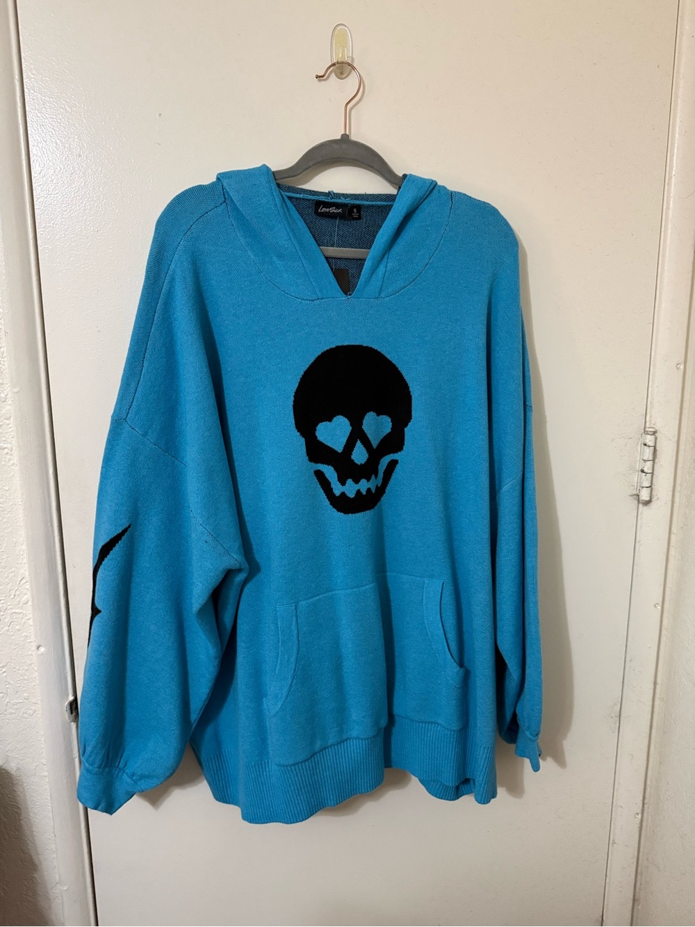 Torrid - Blue Hooded Knit Sweater with Black Skull Motif